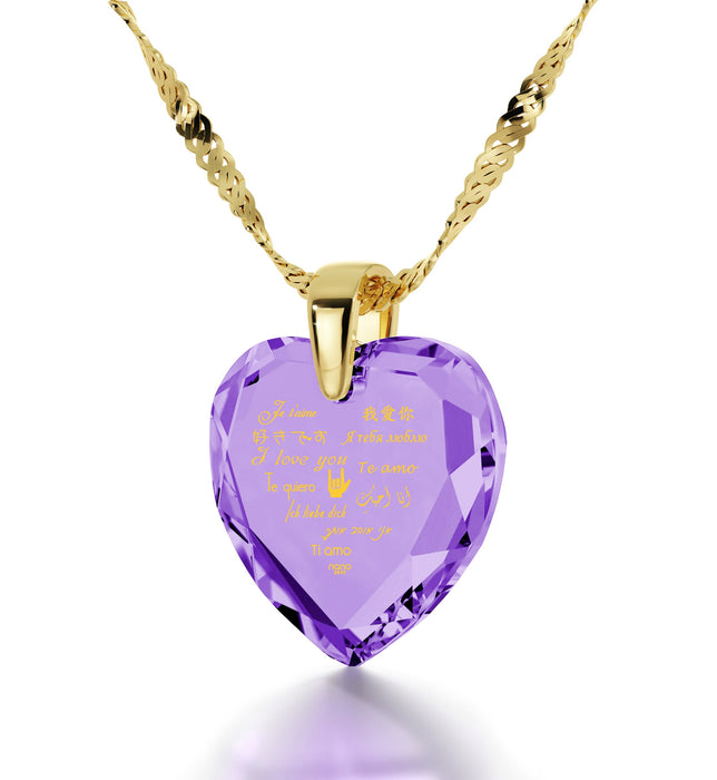 Gold Plated Silver Heart Necklace I Love You in 12 Languages 24k Gold Inscribed Cubic Zirconia