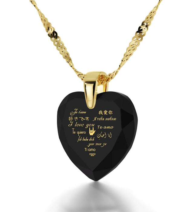 Gold Plated Silver Heart Necklace I Love You in 12 Languages 24k Gold Inscribed Cubic Zirconia