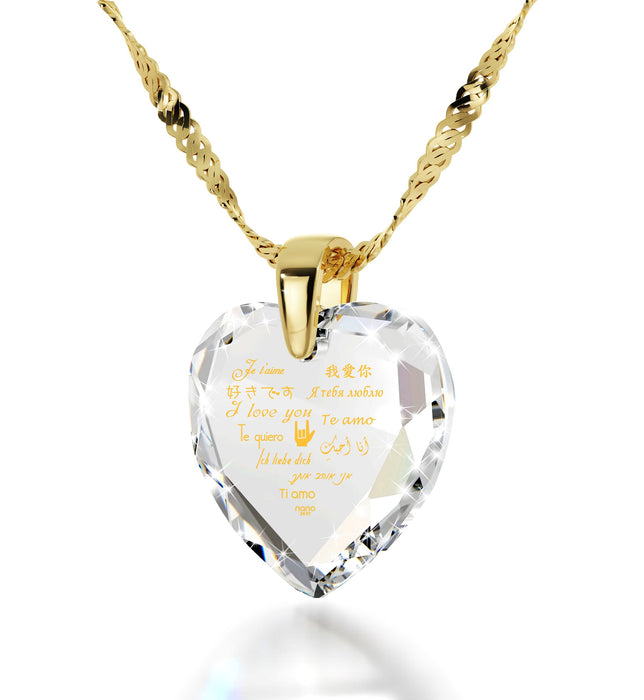 Gold Plated Silver Heart Necklace I Love You in 12 Languages 24k Gold Inscribed Cubic Zirconia