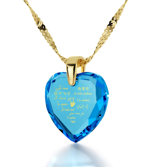 Gold Plated Silver Heart Necklace I Love You in 12 Languages 24k Gold Inscribed Cubic Zirconia