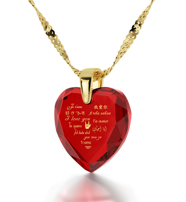 Gold Plated Silver Heart Necklace I Love You in 12 Languages 24k Gold Inscribed Cubic Zirconia