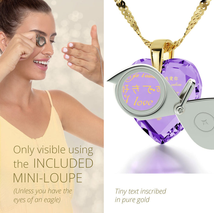 Gold Plated Silver Heart Necklace I Love You in 12 Languages 24k Gold Inscribed Cubic Zirconia