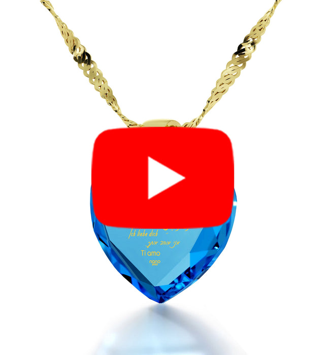 Gold Plated Silver Heart Necklace I Love You in 12 Languages 24k Gold Inscribed Cubic Zirconia
