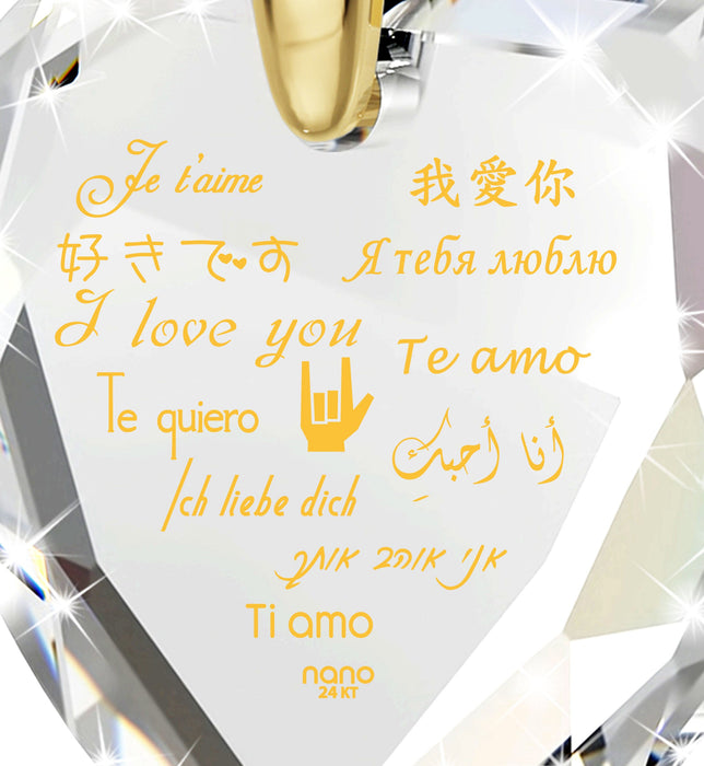 Gold Plated Silver Heart Necklace I Love You in 12 Languages 24k Gold Inscribed Cubic Zirconia