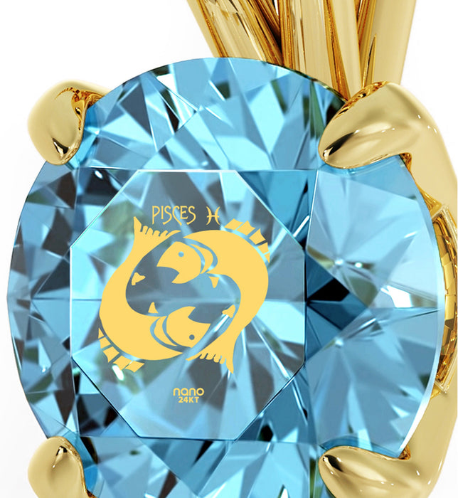 14k Yellow Gold Pisces Necklace Zodiac Pendant 24k Gold Inscribed on Crystal
