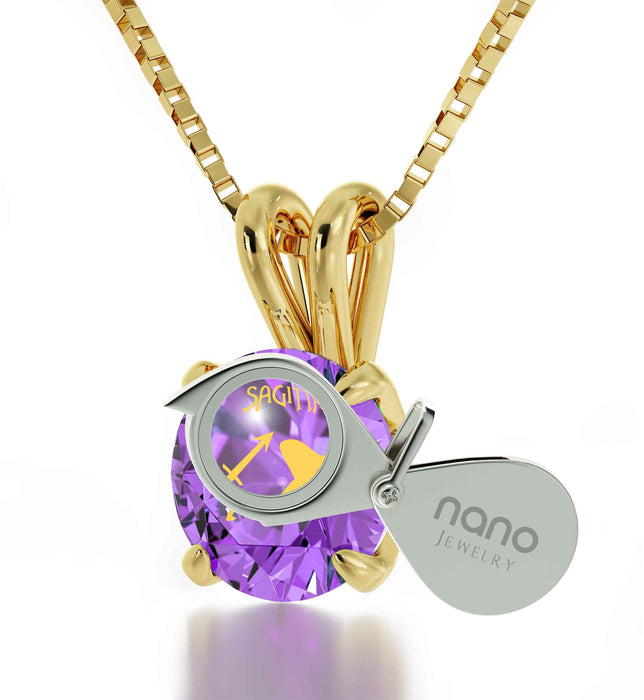 Gold Plated Silver Sagittarius Necklace Zodiac Pendant 24k Gold Inscribed on Crystal
