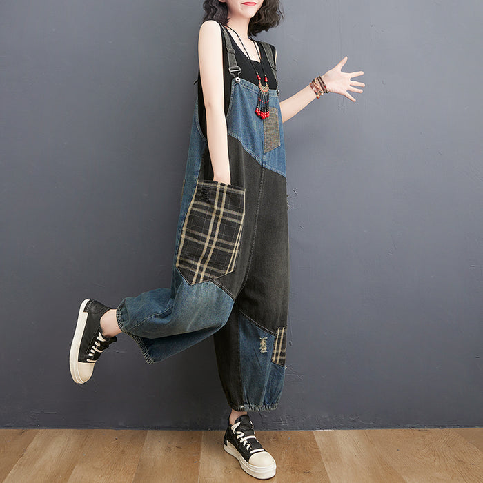 Spring Summer Denim Big Pockets Overall Jumpsuit Sleeveless