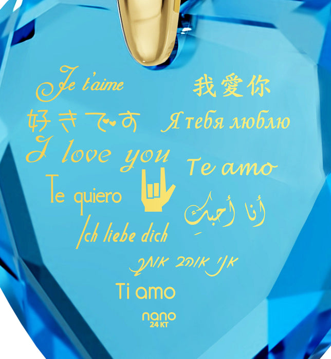 Gold Plated Silver Heart Necklace I Love You in 12 Languages 24k Gold Inscribed Cubic Zirconia