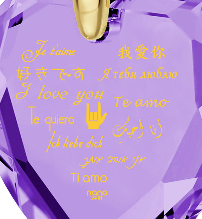 Gold Plated Silver Heart Necklace I Love You in 12 Languages 24k Gold Inscribed Cubic Zirconia