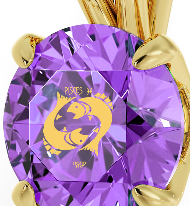 Gold Plated Silver Pisces Necklace Zodiac Pendant 24k Gold Inscribed on Crystal