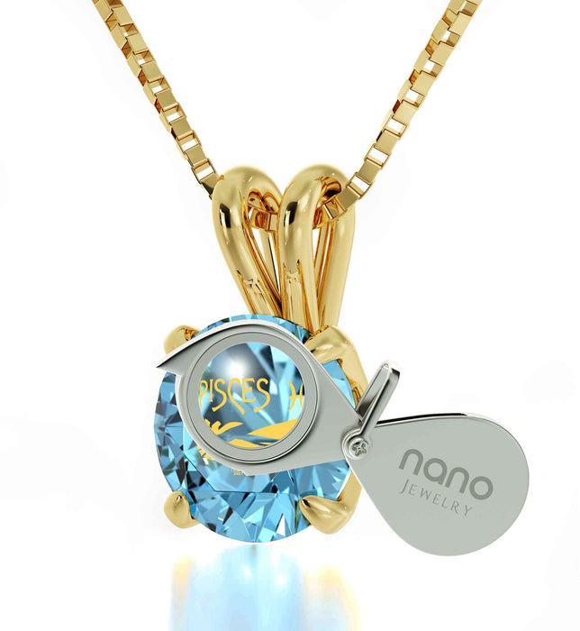14k Yellow Gold Pisces Necklace Zodiac Pendant 24k Gold Inscribed on Crystal
