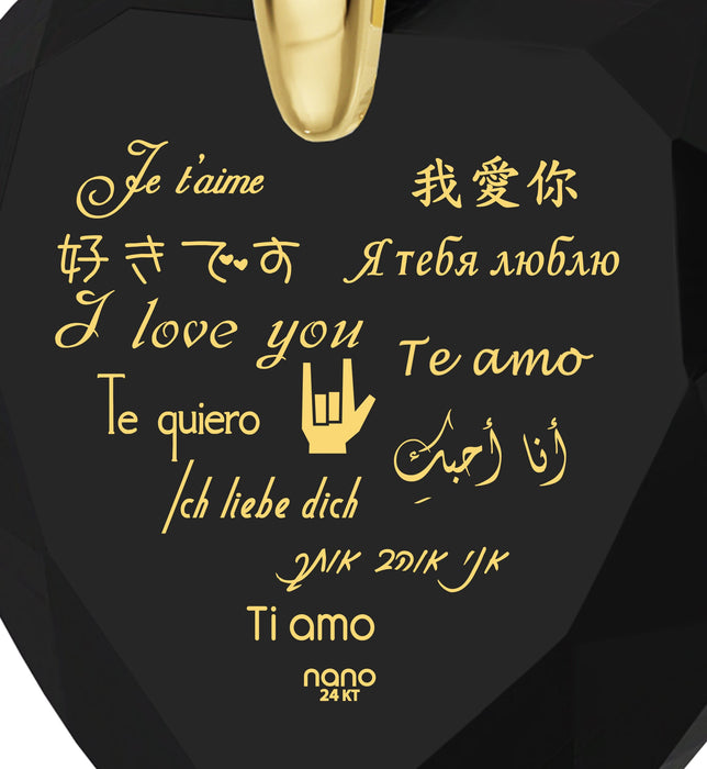 Gold Plated Silver Heart Necklace I Love You in 12 Languages 24k Gold Inscribed Cubic Zirconia