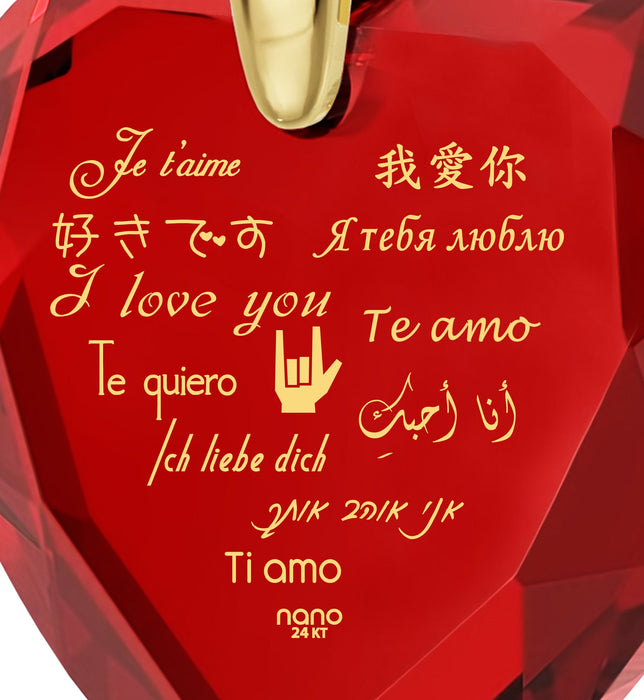 Gold Plated Silver Heart Necklace I Love You in 12 Languages 24k Gold Inscribed Cubic Zirconia
